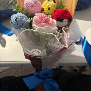 Pokemon Crochet Bouquet with Red, Blue, Yellow Accents